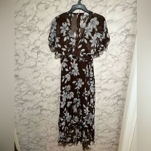 Calvin Klein Brown White Floral Print Surplice V-Neck Flutter Sleeve Dress 2